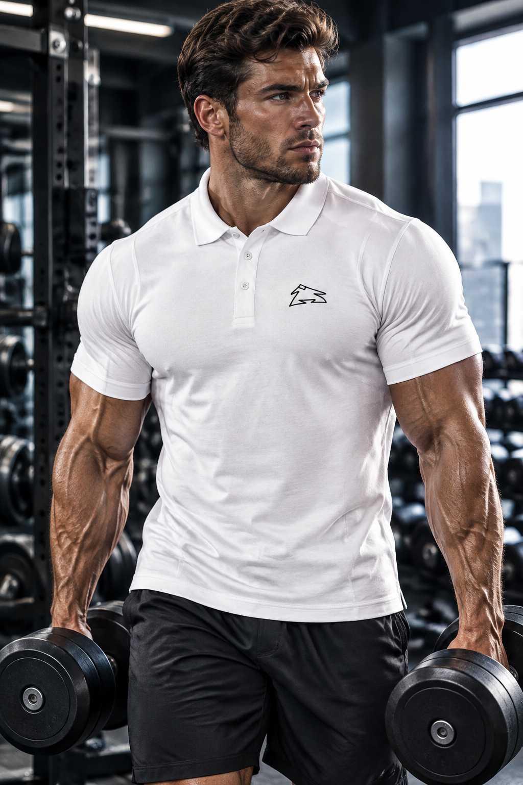 Muskulöser Mann mit weißem Sportpolo im Gym