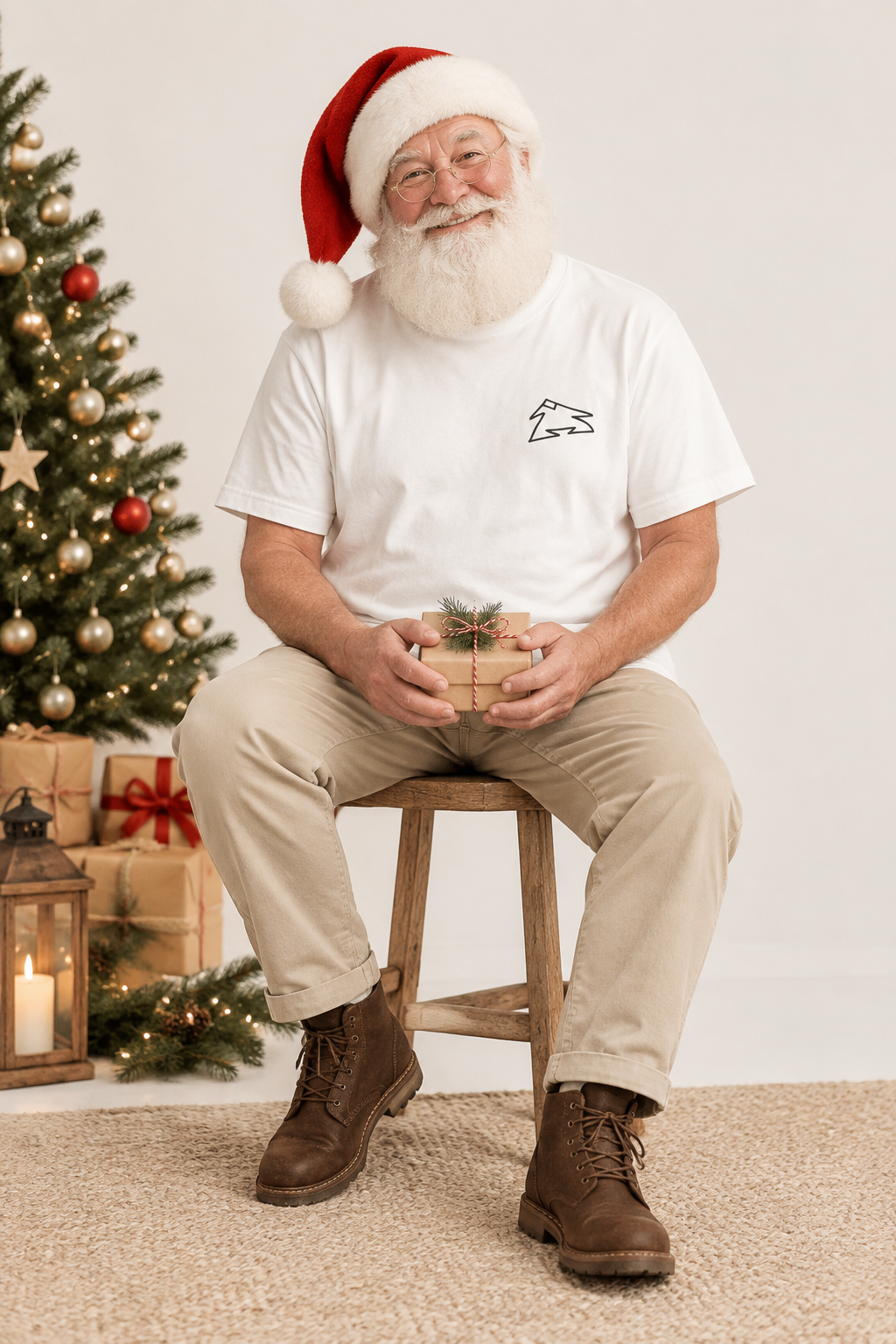 Weihnachtsmann sitzt im ENZSA T-Shirt mit einem Geschenk